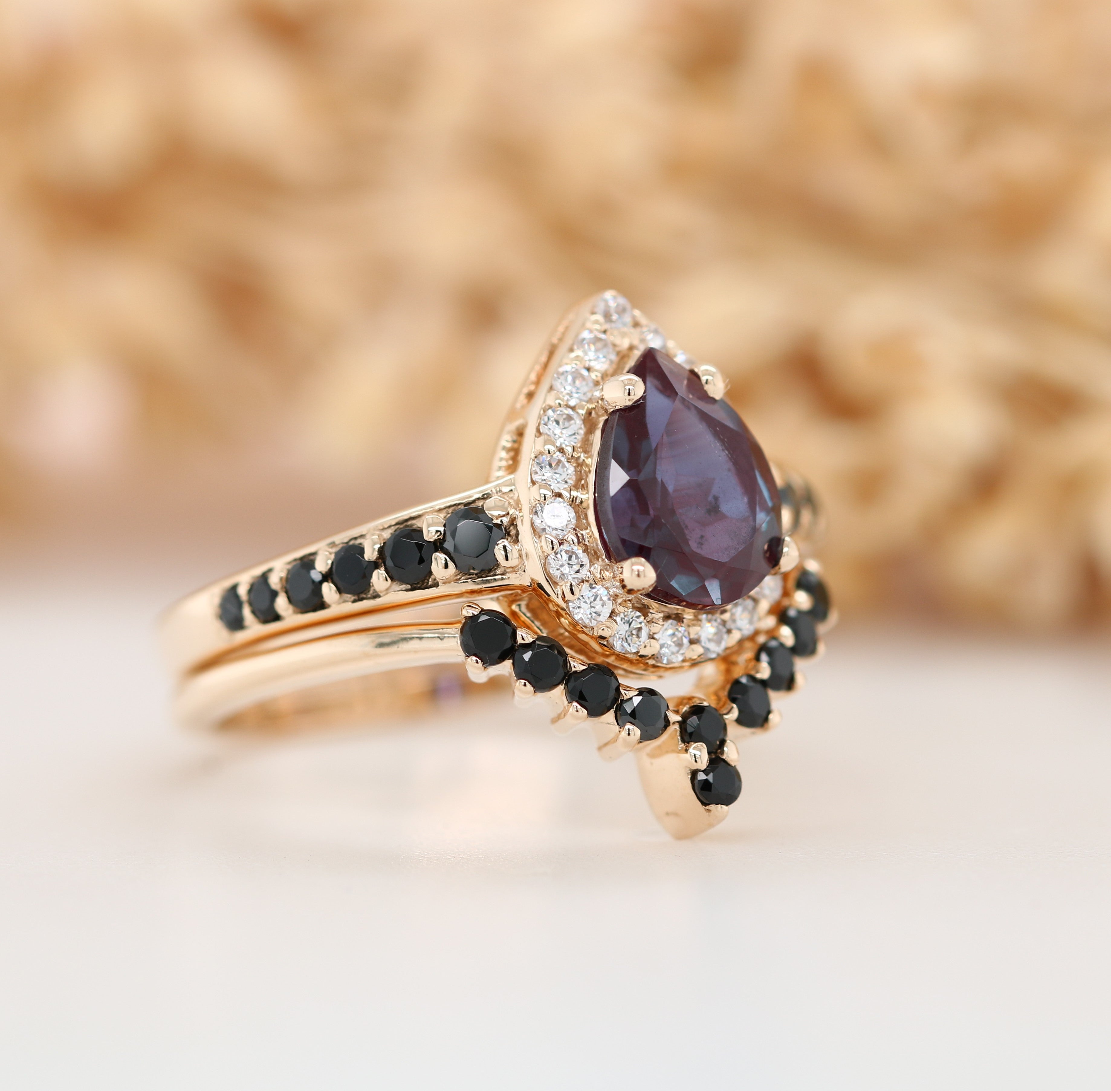 Vintage Alexandrite Ring, Pear Shape Halo Set Gold Ring, Promise Ring