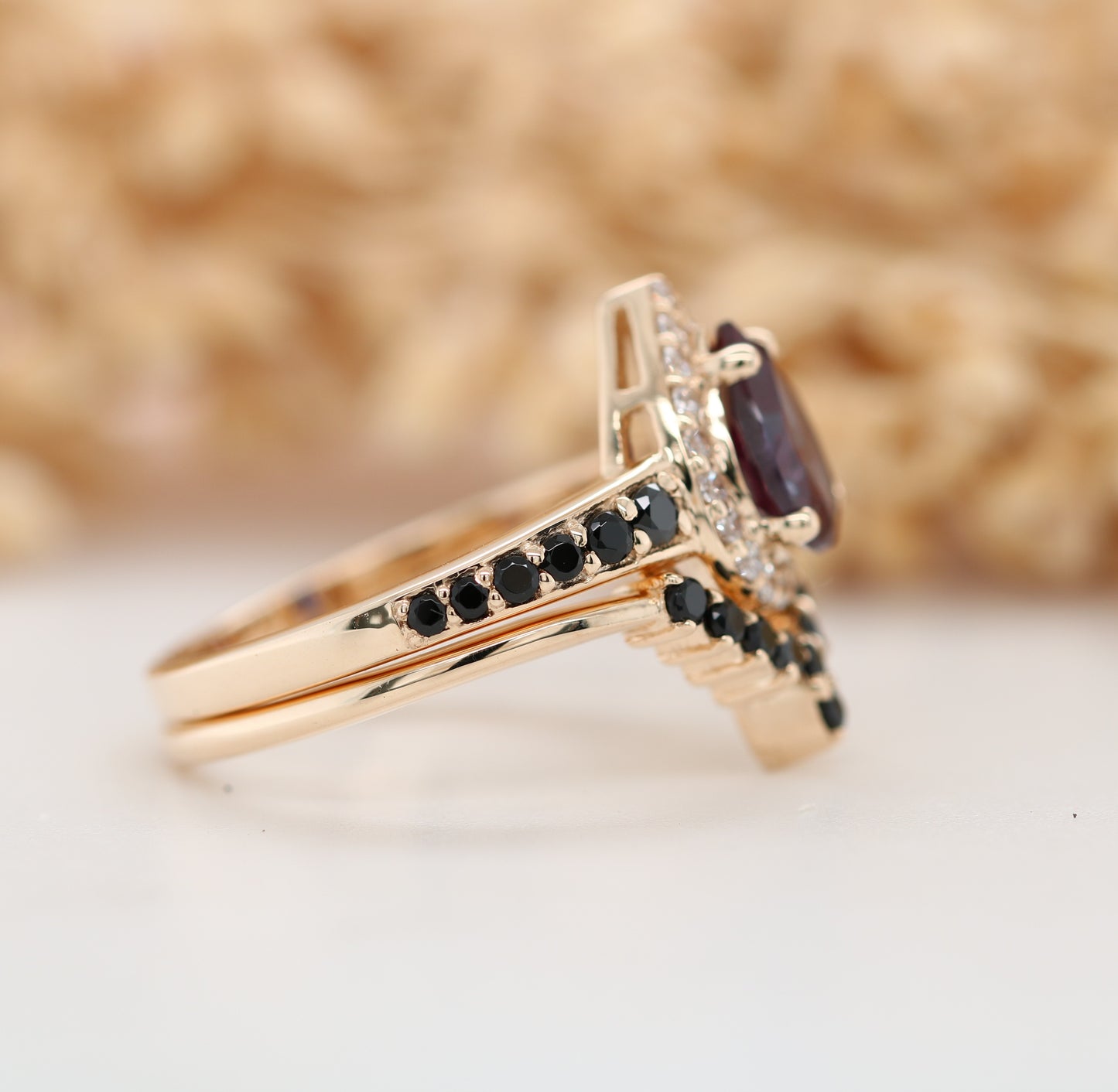 Vintage Alexandrite Ring, Pear Shape Halo Set Gold Ring, Promise Ring