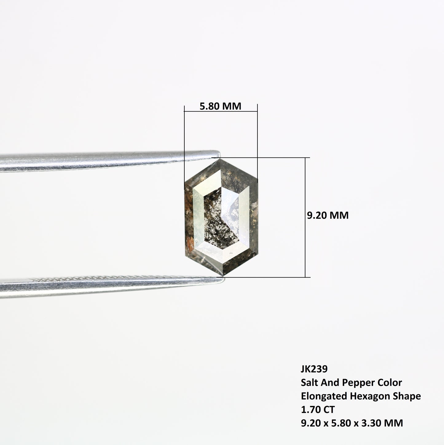 1.70 CT 9.20 MM Elongated Hexagon Shape Salt And Pepper Diamond For Designer Jewelry
