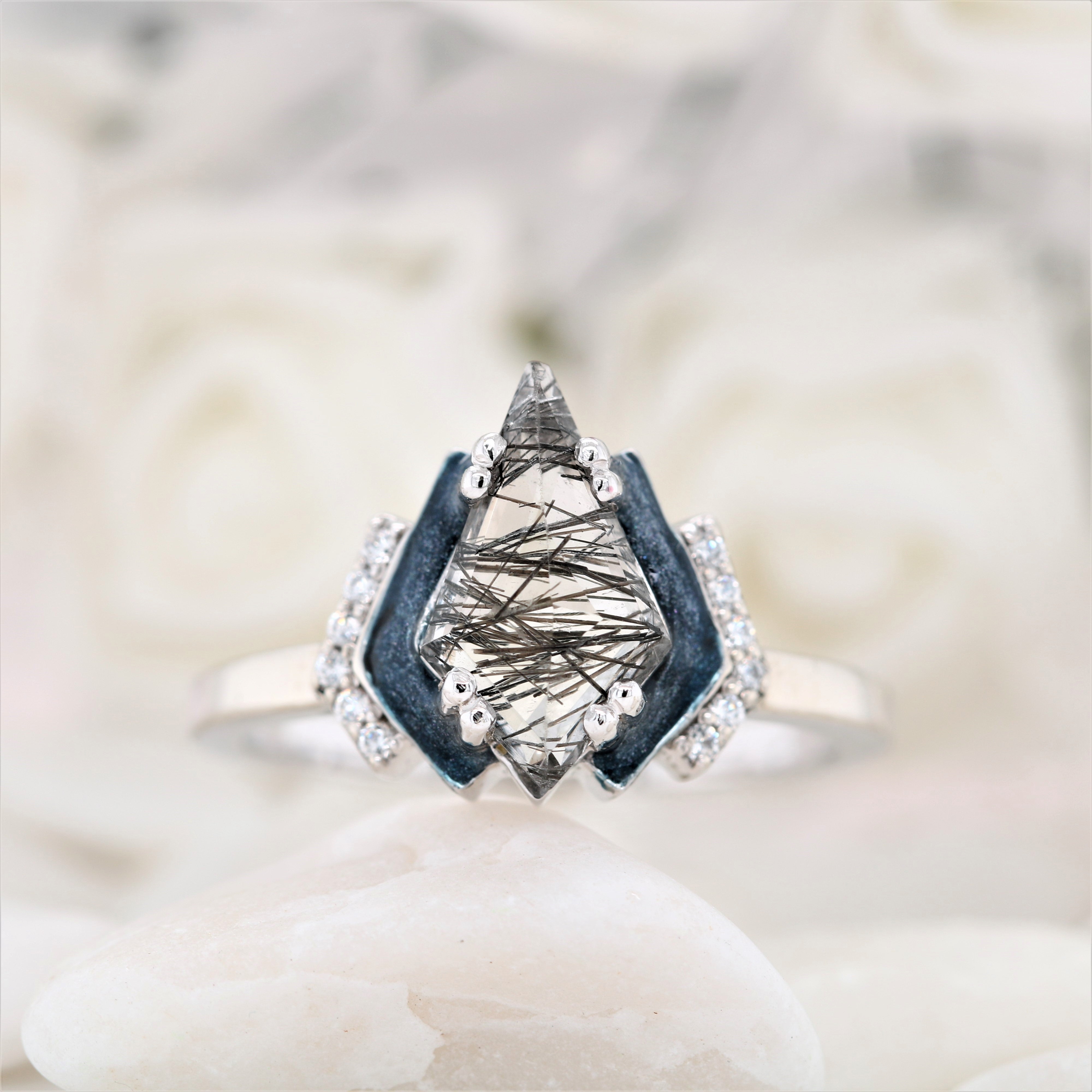 Kite Black Rutilated Quartz White Gold Engagement Ring