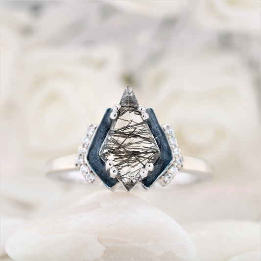 Kite Black Rutilated Quartz White Gold Engagement Ring - JayKrishna Diamond