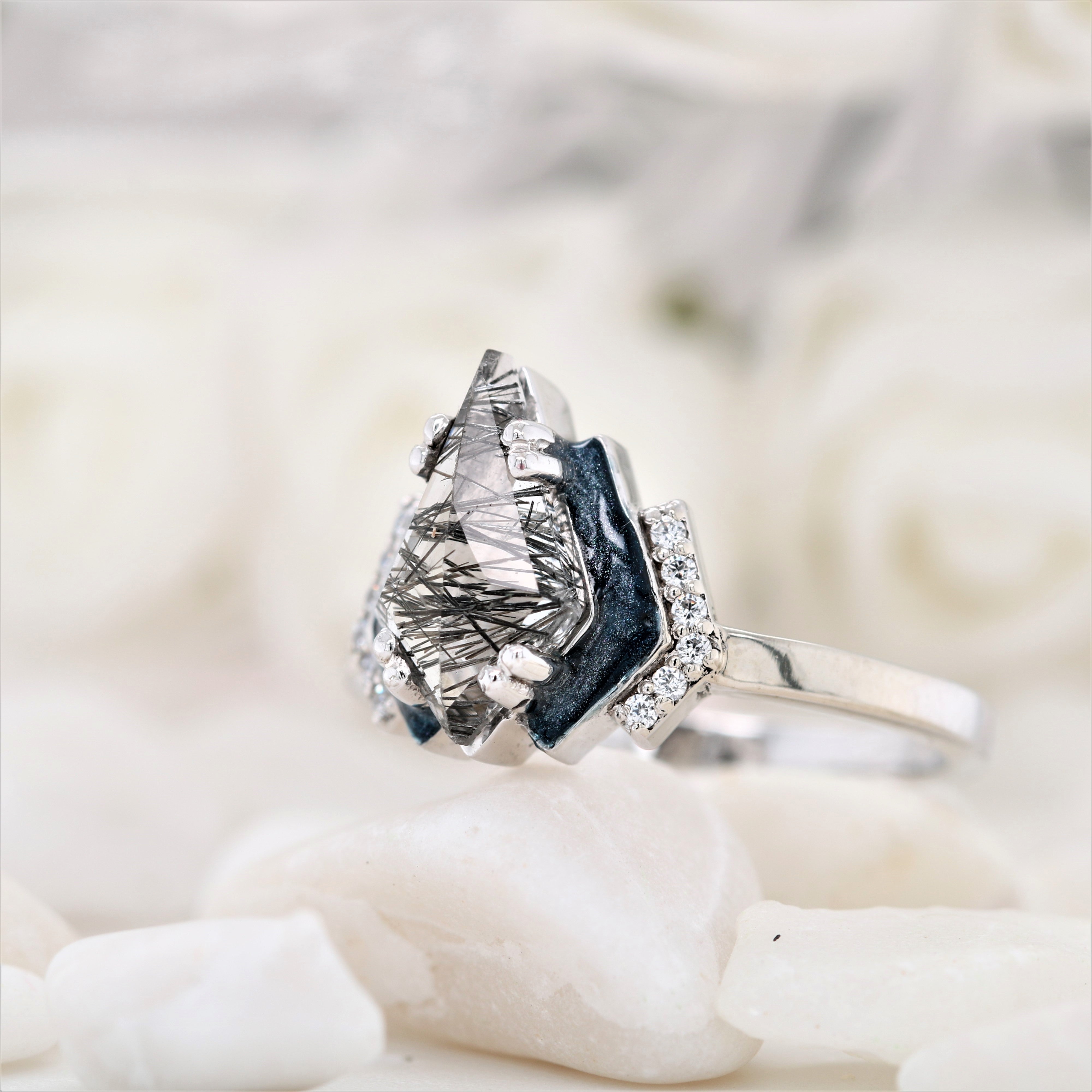 Kite Black Rutilated Quartz White Gold Engagement Ring