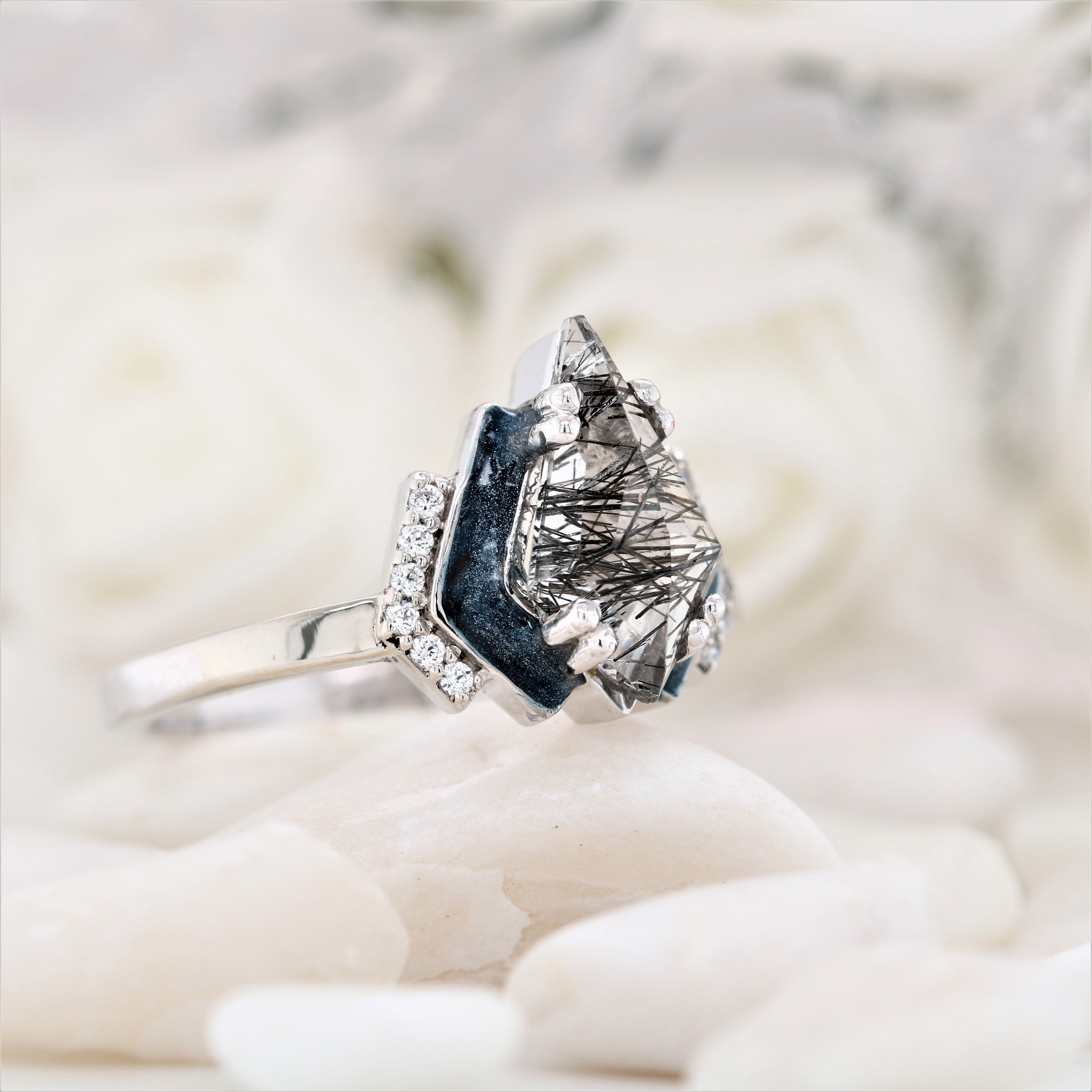 Kite Black Rutilated Quartz White Gold Engagement Ring