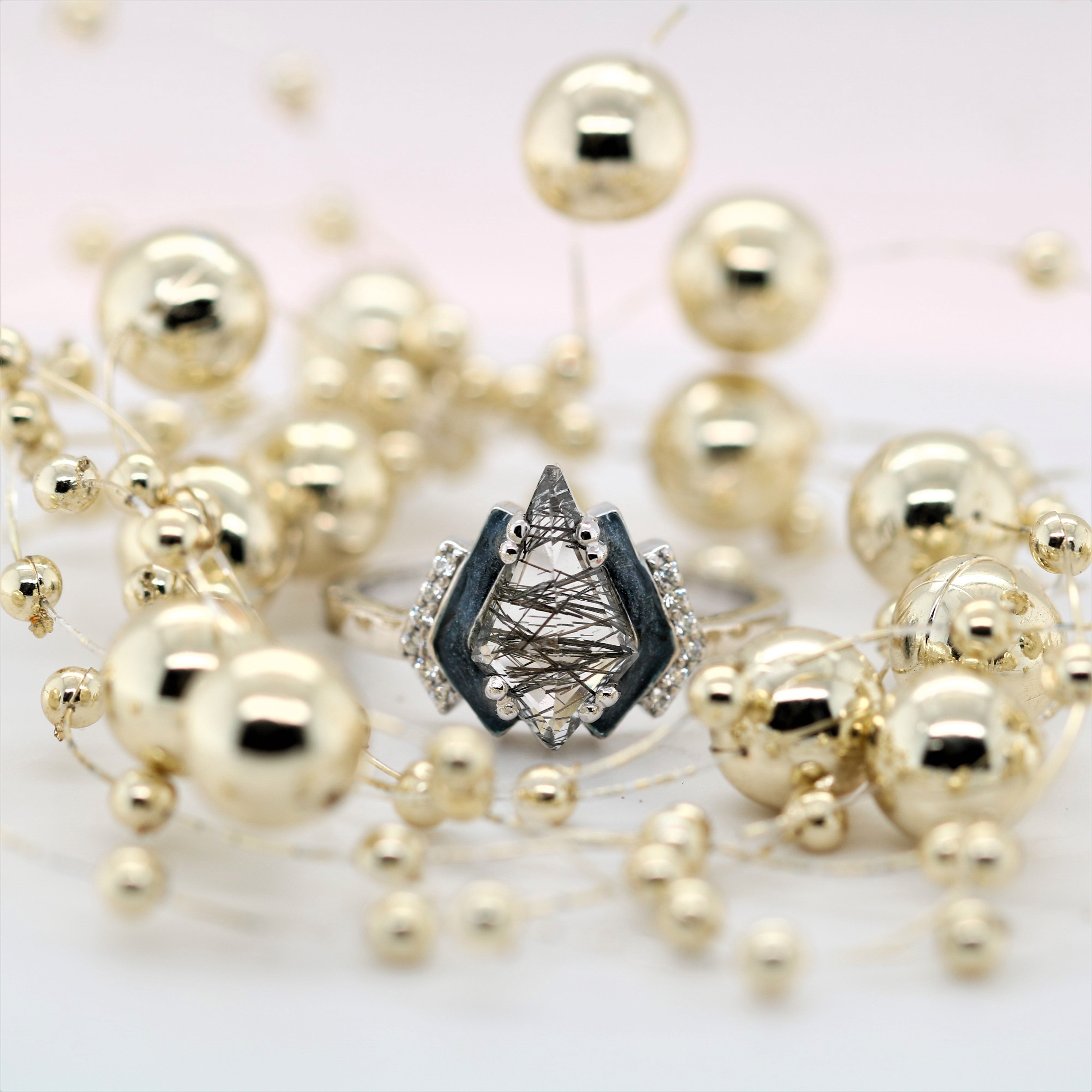 Kite Black Rutilated Quartz White Gold Engagement Ring