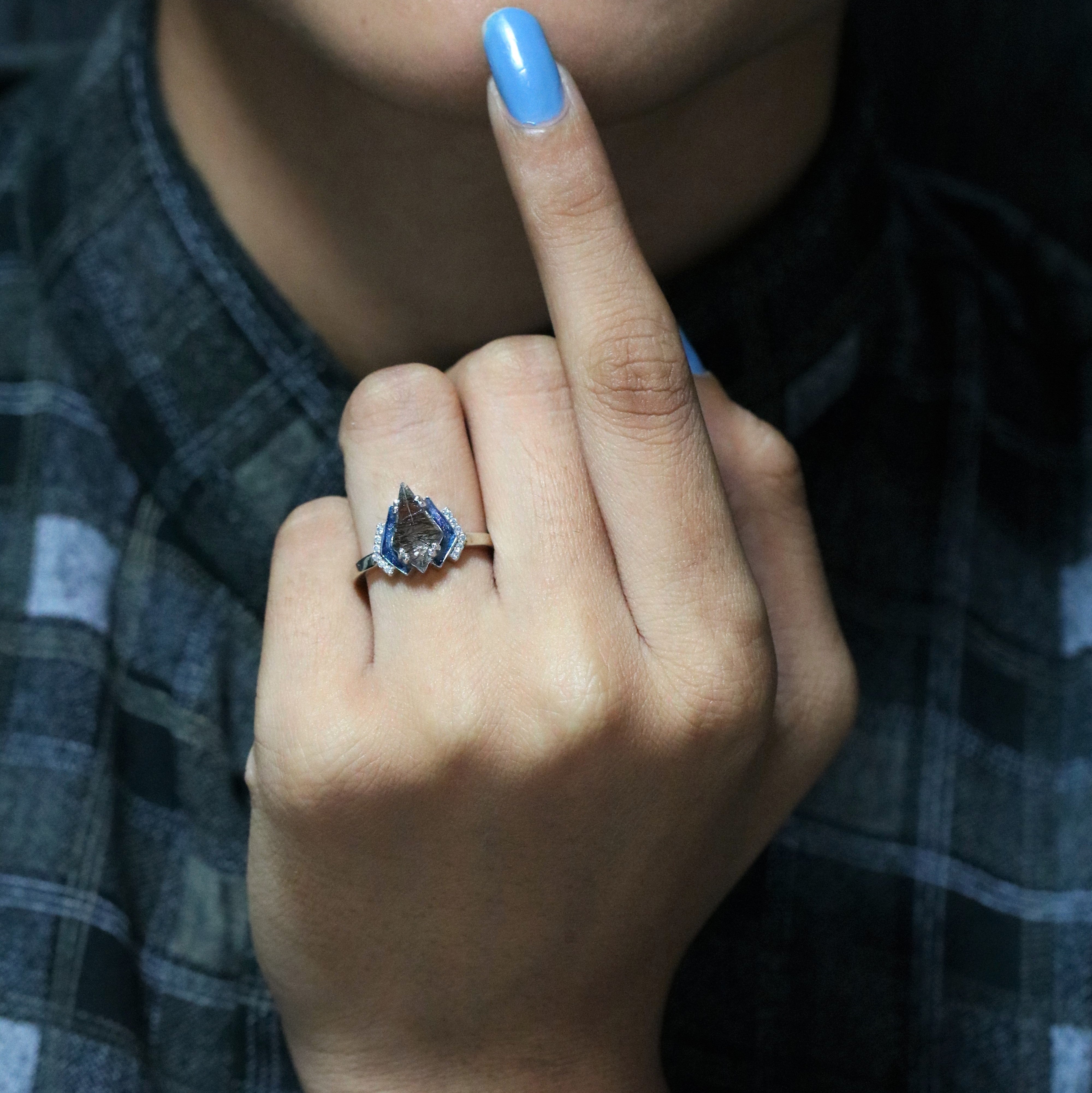 Kite Black Rutilated Quartz White Gold Engagement Ring