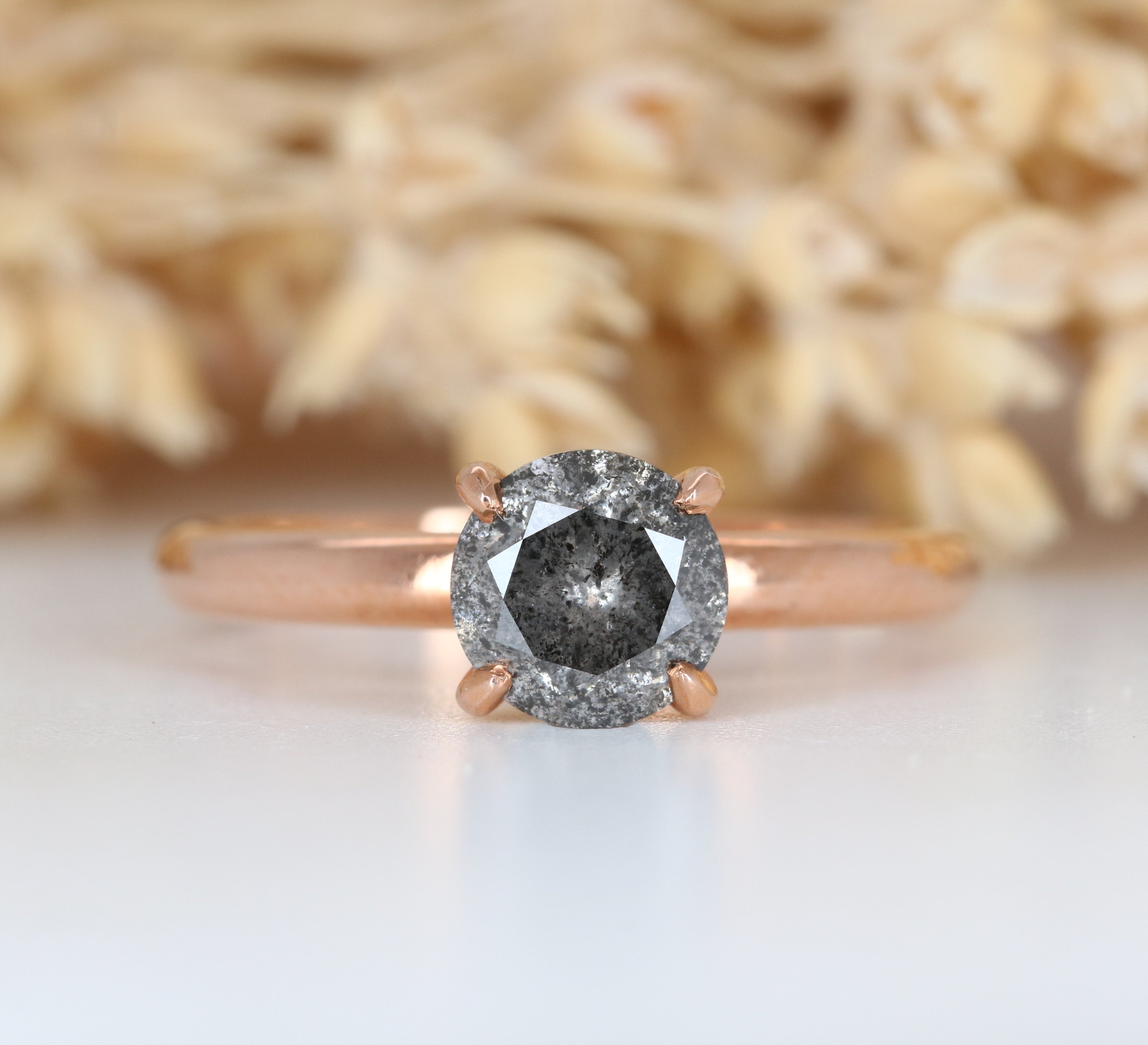 1.27 CT Round Brilliant Cut Salt and Pepper Diamond Rose Gold Wedding Ring