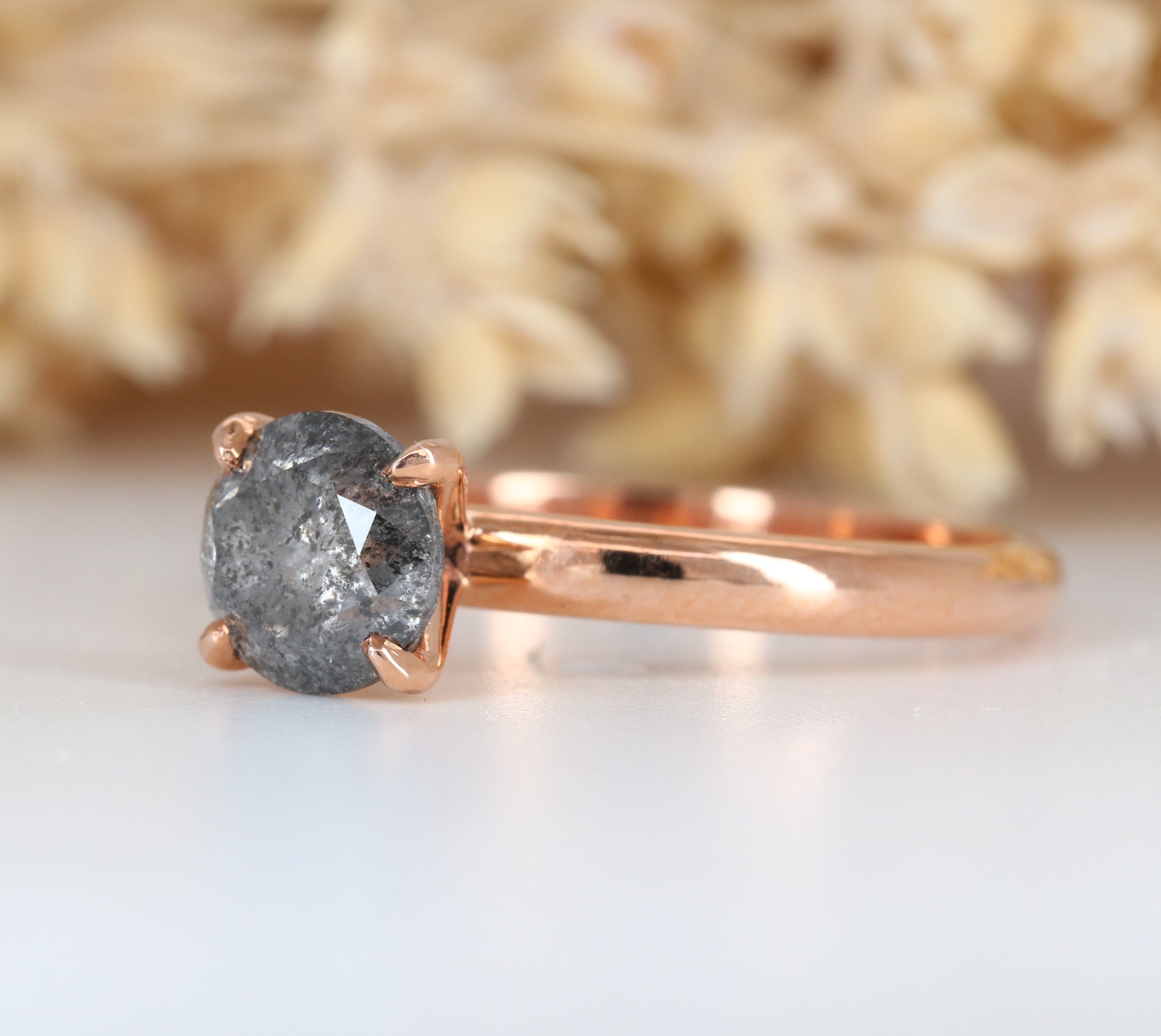 1.27 CT Round Brilliant Cut Salt and Pepper Diamond Rose Gold Wedding Ring