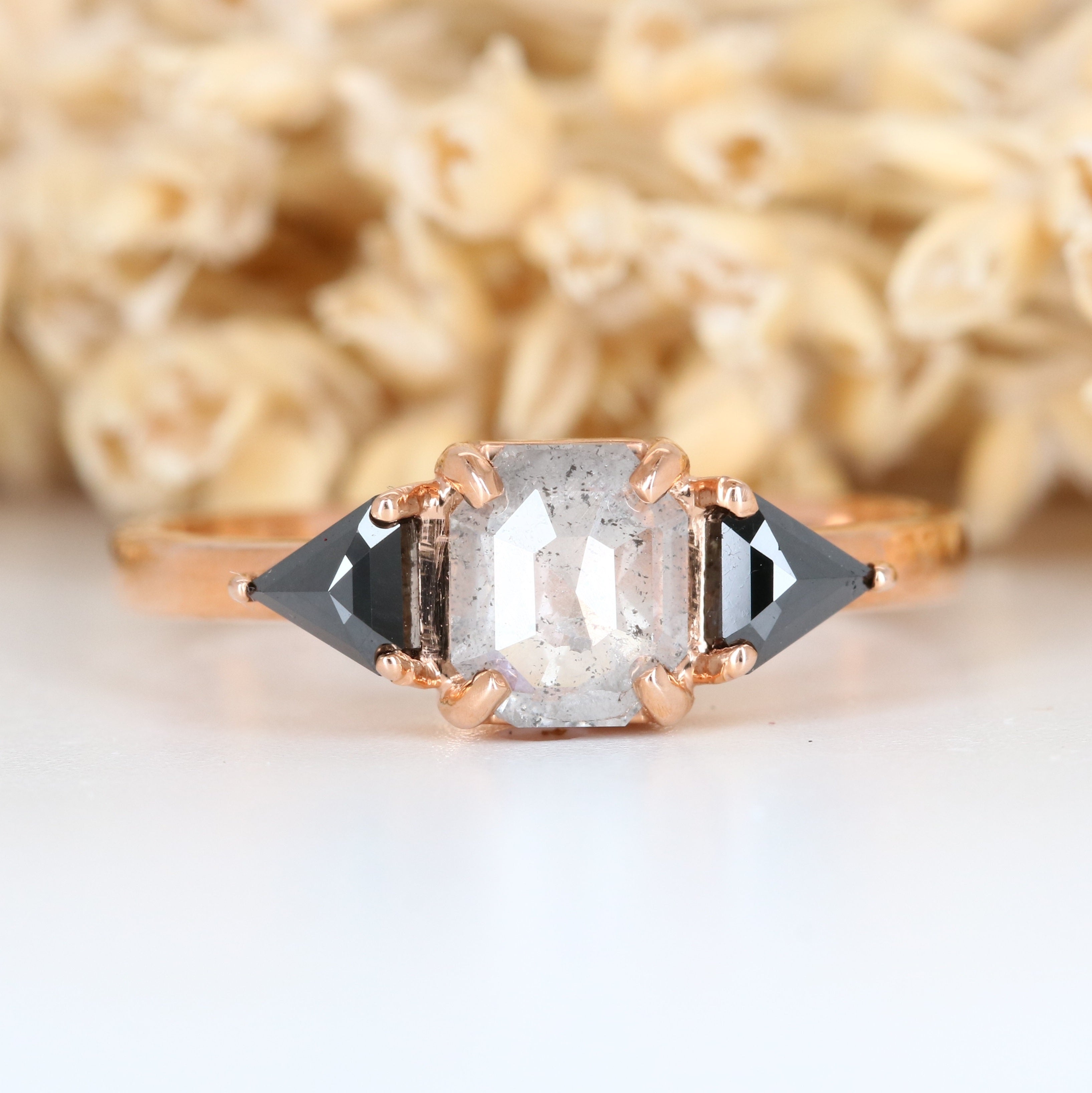 Salt And Pepper Asscher Shape With Black Triangle Side Stone Diamond Ring