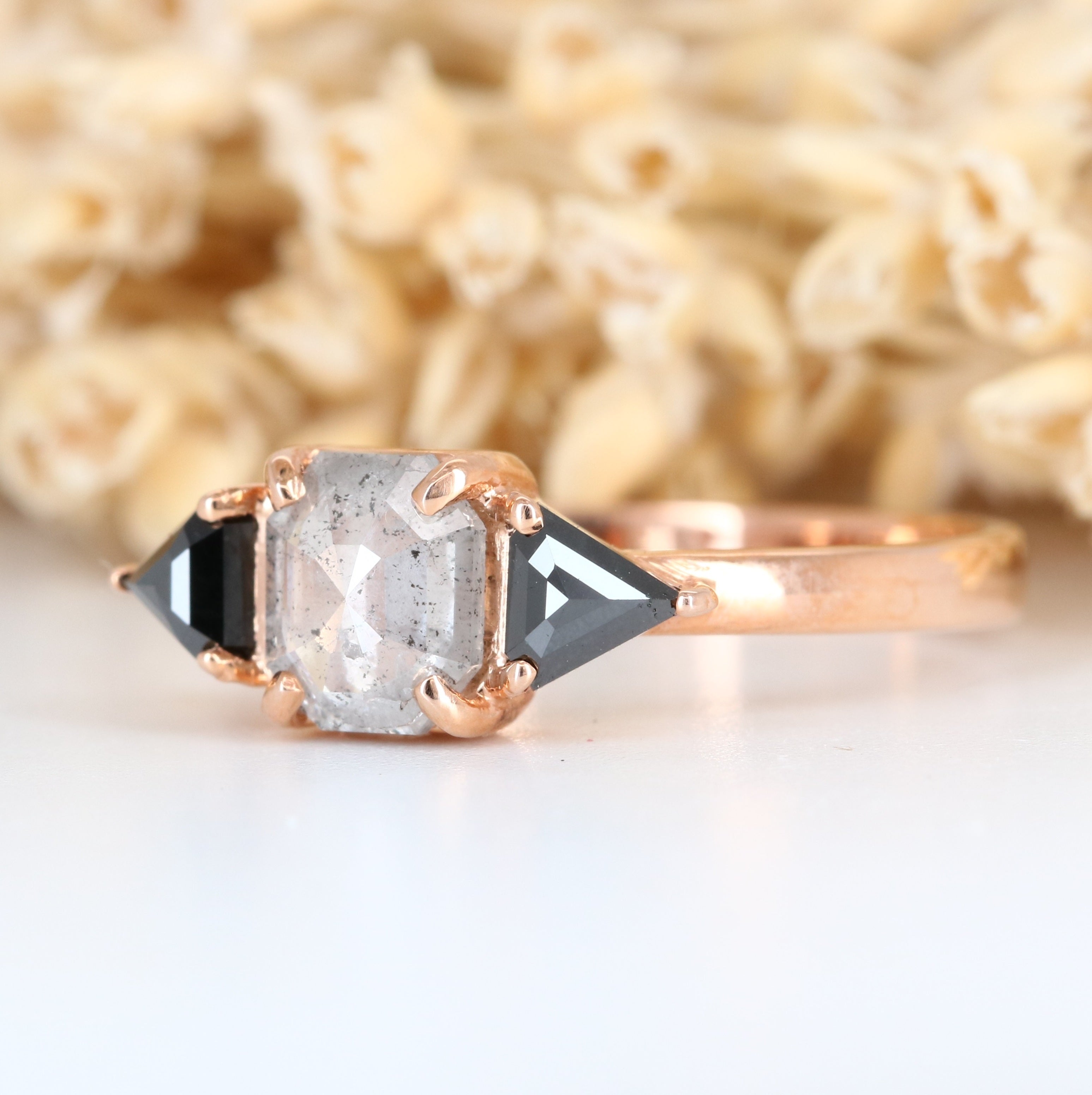 Salt And Pepper Asscher Shape With Black Triangle Side Stone Diamond Ring