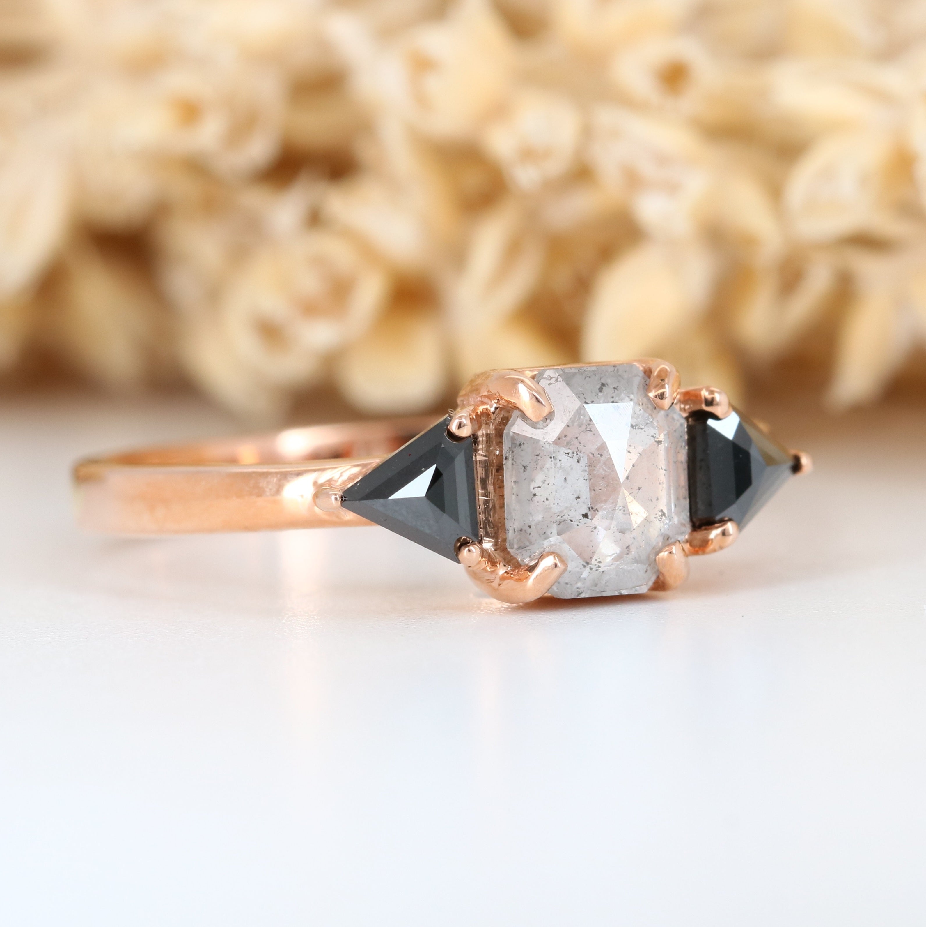 Salt And Pepper Asscher Shape With Black Triangle Side Stone Diamond Ring