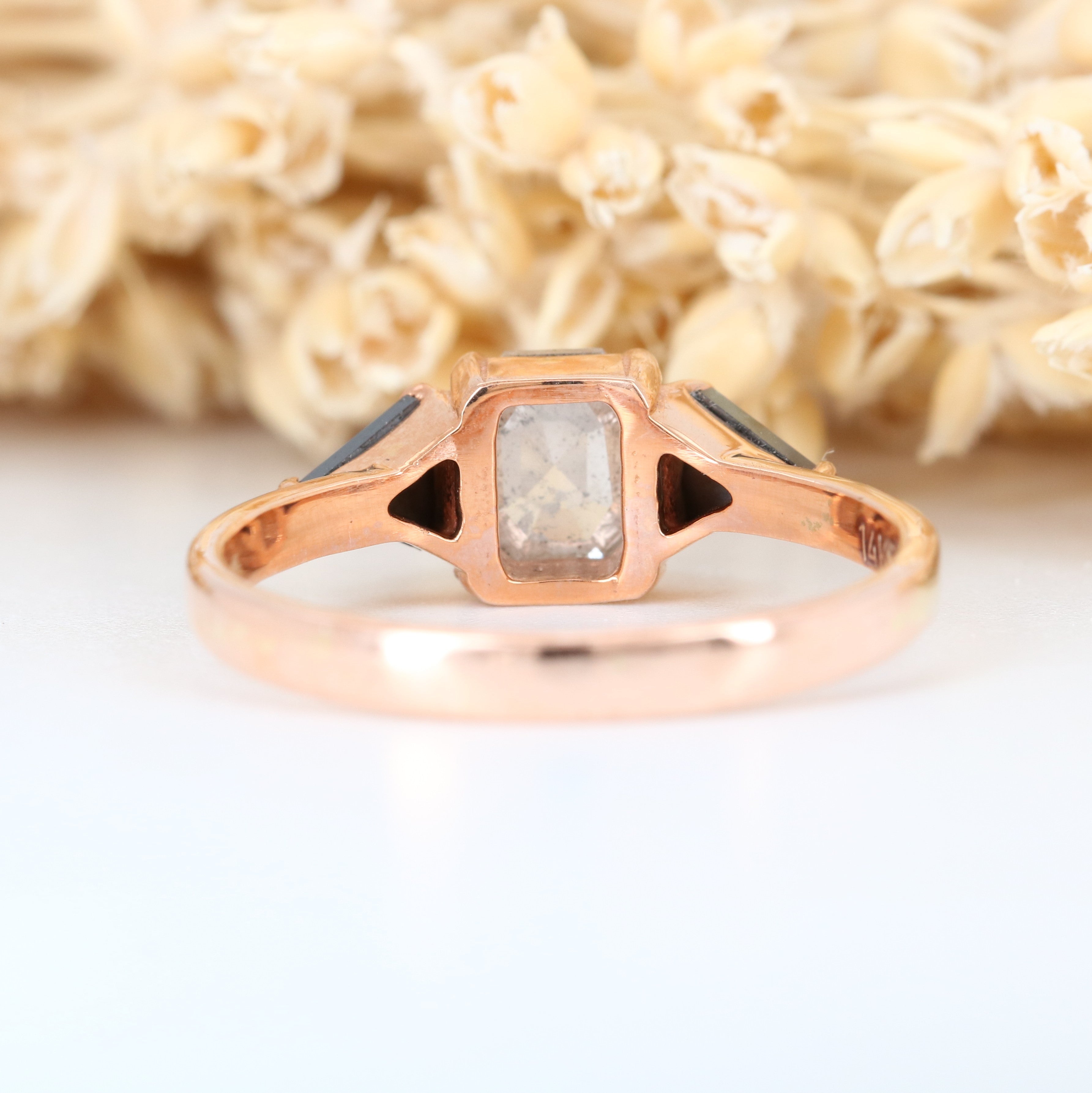 Salt And Pepper Asscher Shape With Black Triangle Side Stone Diamond Ring
