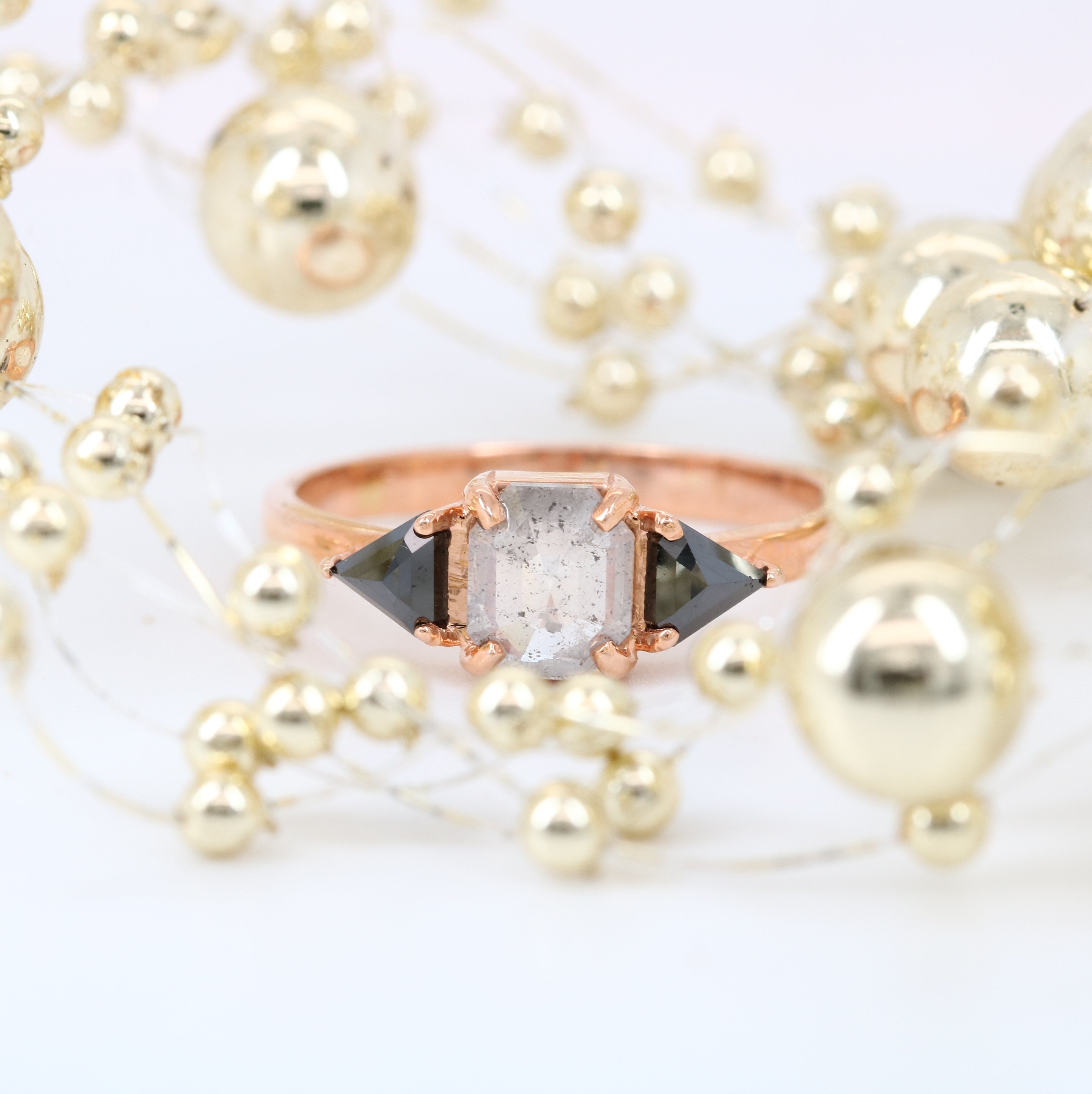 Salt And Pepper Asscher Shape With Black Triangle Side Stone Diamond Ring