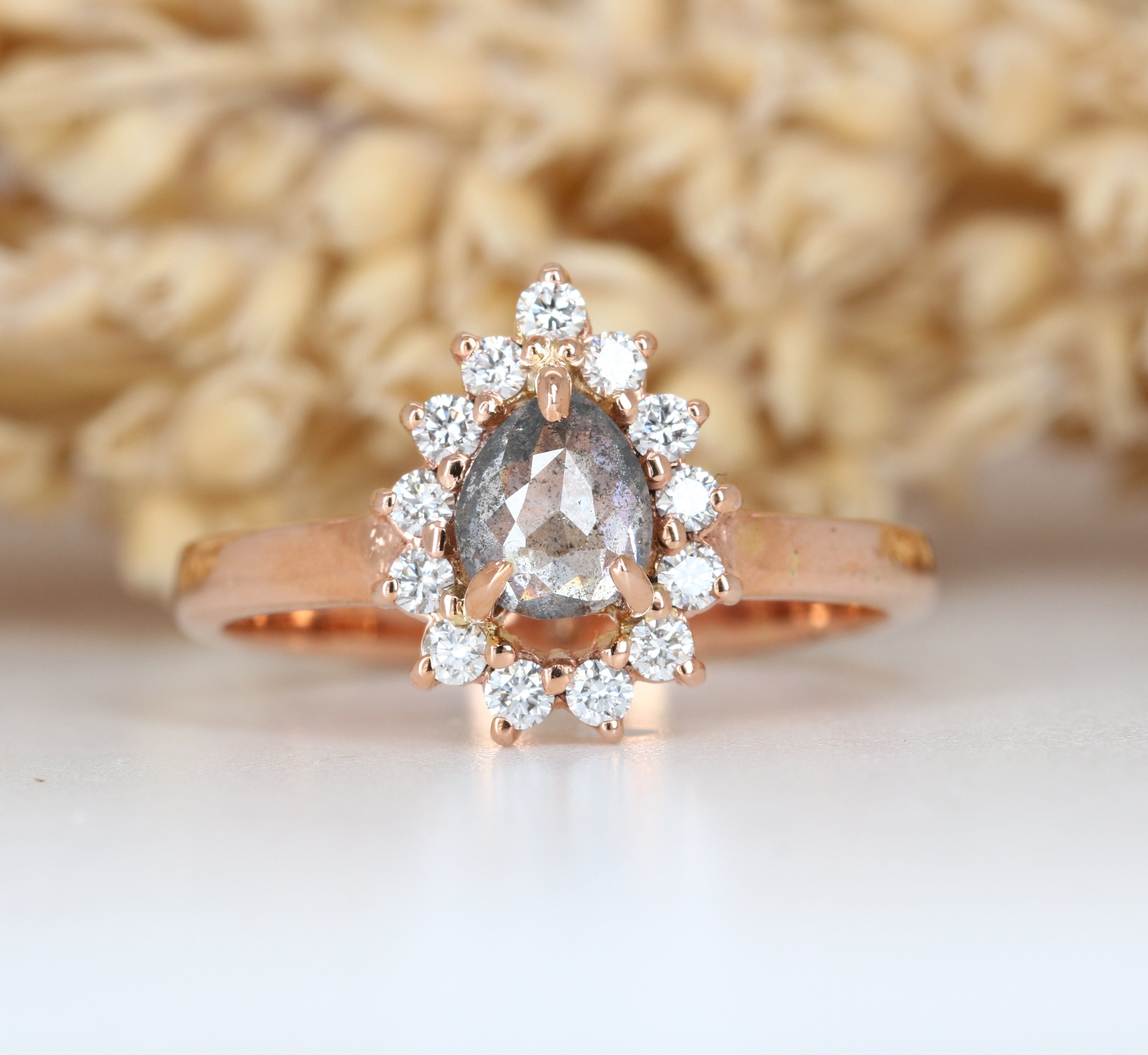 14K Rose Gold Black Diamond Pear Shape Engagement Ring