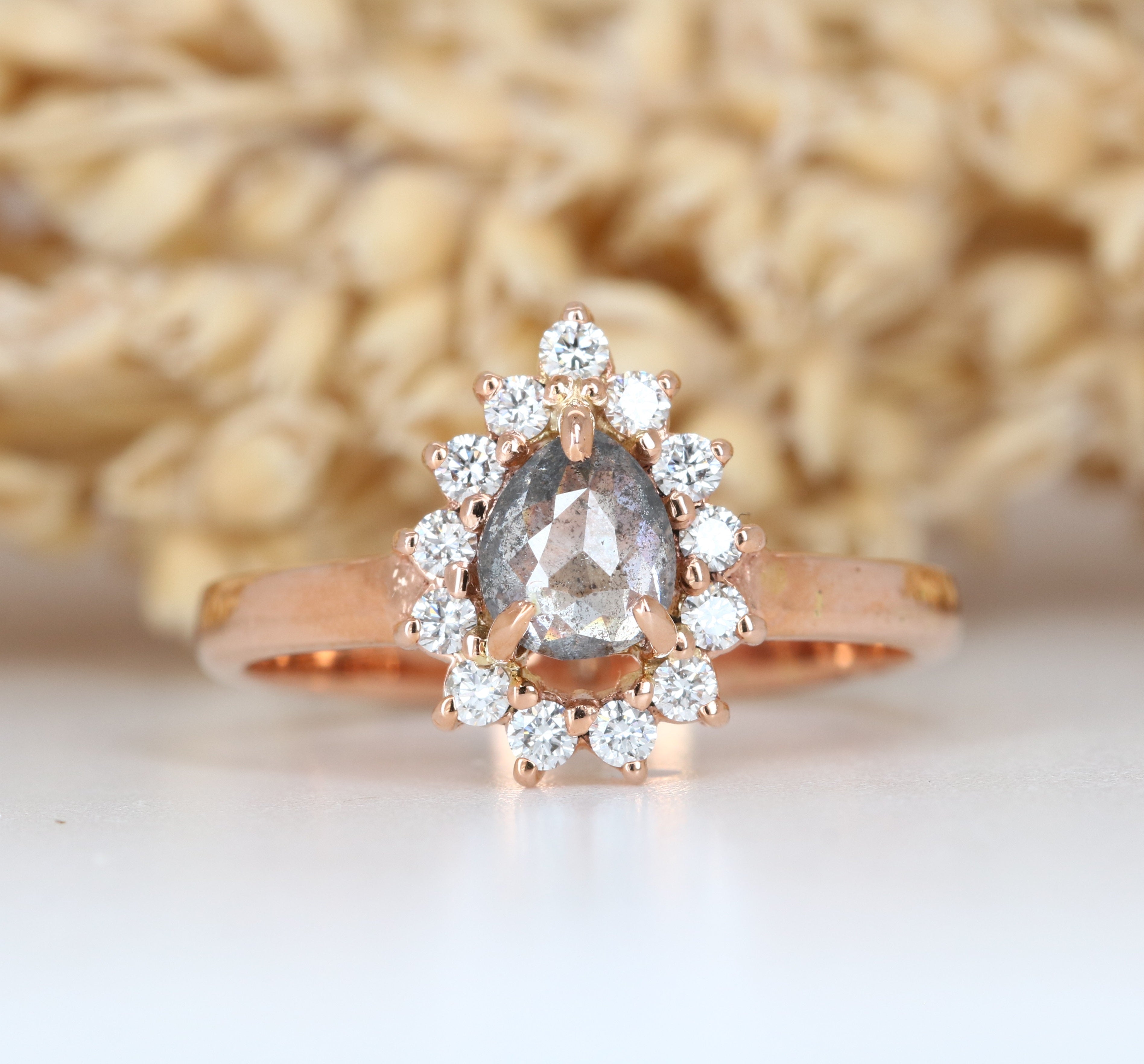 14K Rose Gold Black Diamond Pear Shape Engagement Ring