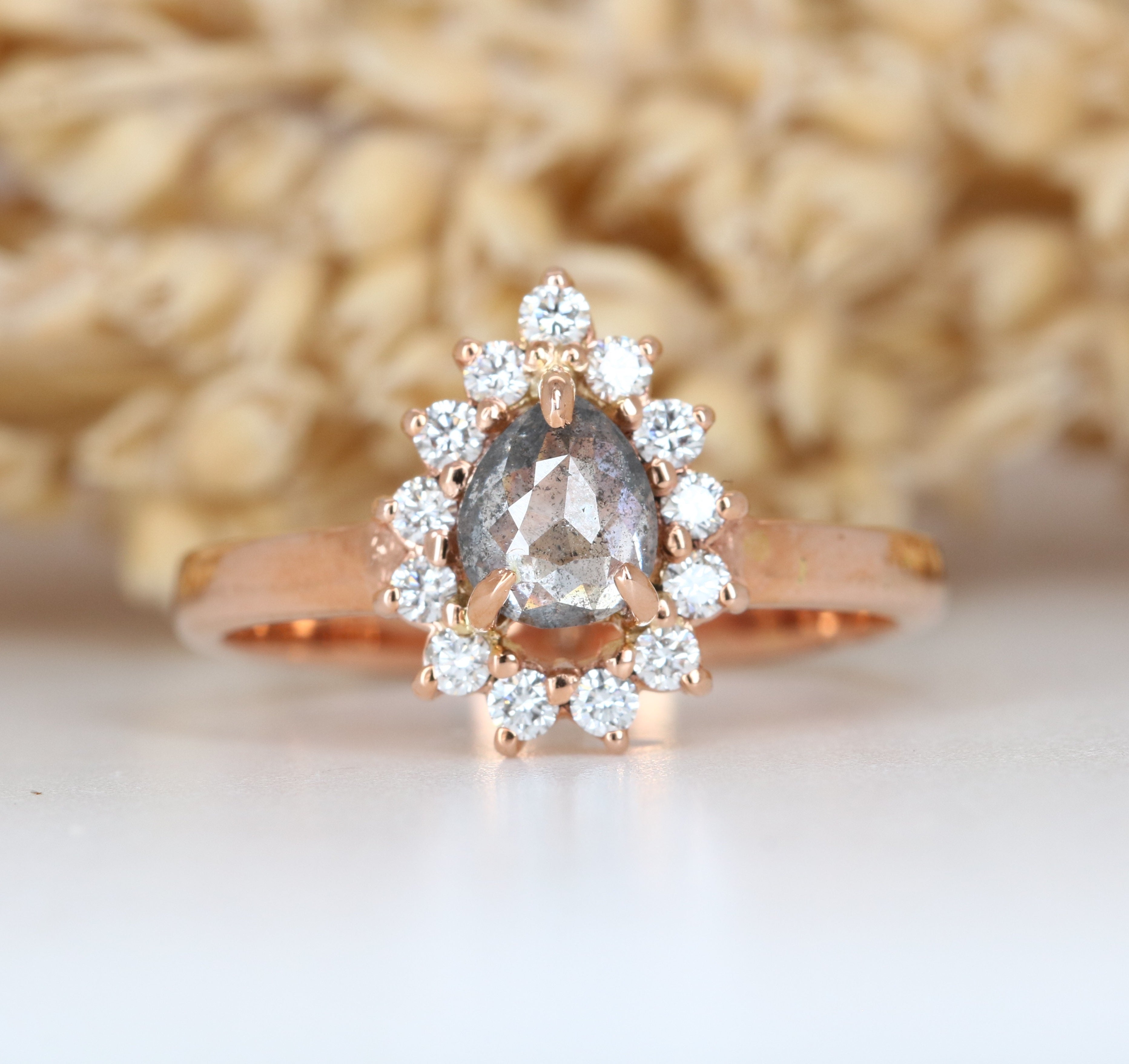 14K Rose Gold Black Diamond Pear Shape Engagement Ring