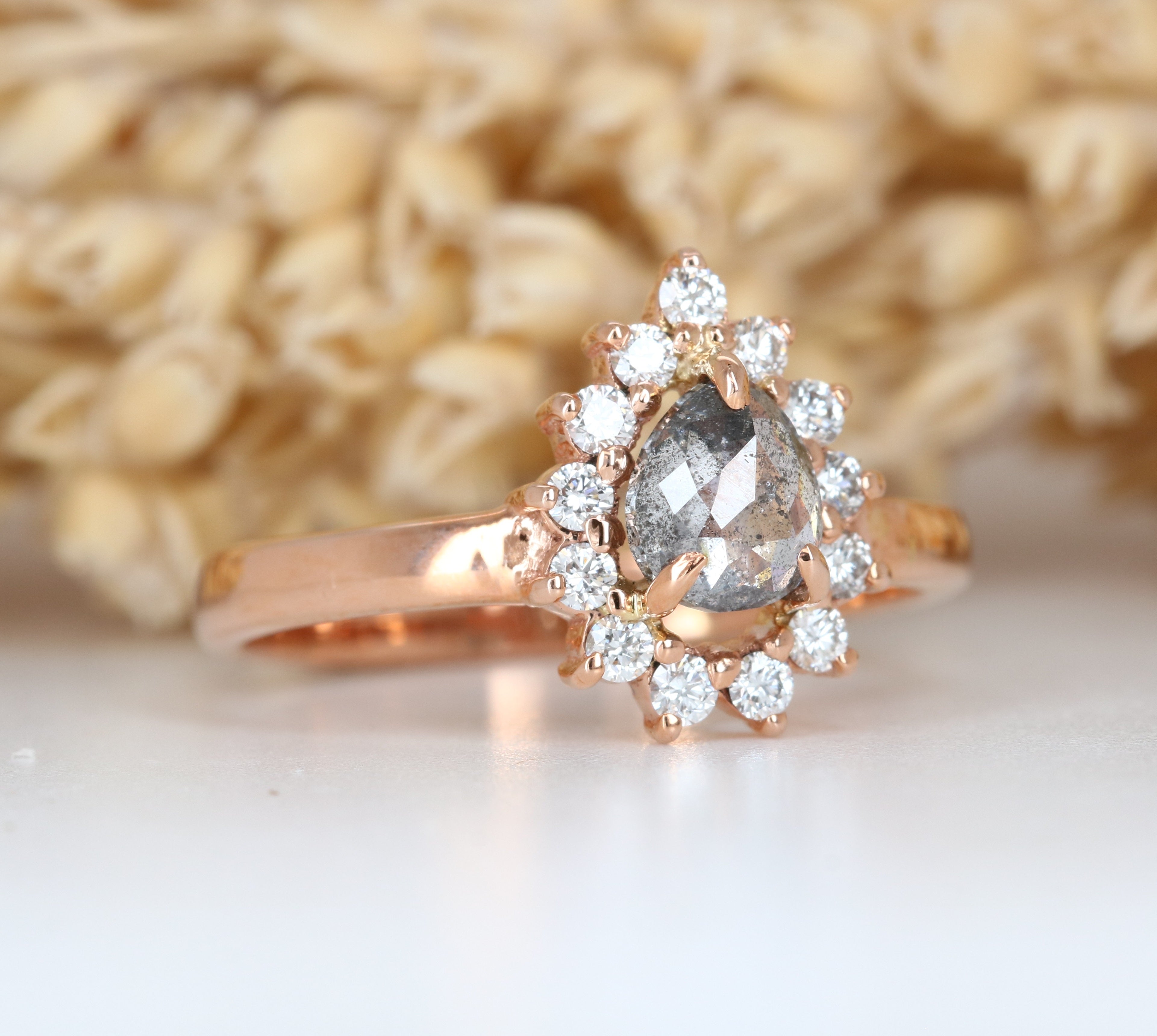 14K Rose Gold Black Diamond Pear Shape Engagement Ring