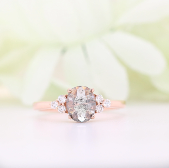 4 Prongs 14K Rose Gold Salt and Pepper Oval Diamond For Engagement Ring