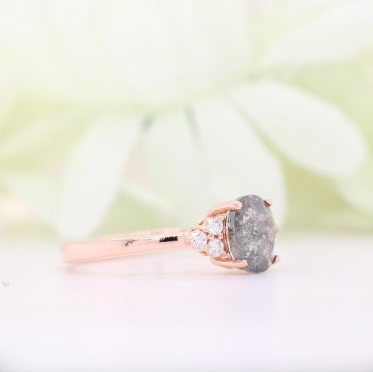 4 Prongs 14K Rose Gold Salt and Pepper Oval Diamond For Engagement Ring