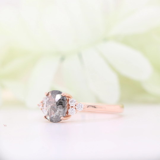 4 Prongs 14K Rose Gold Salt and Pepper Oval Diamond For Engagement Ring