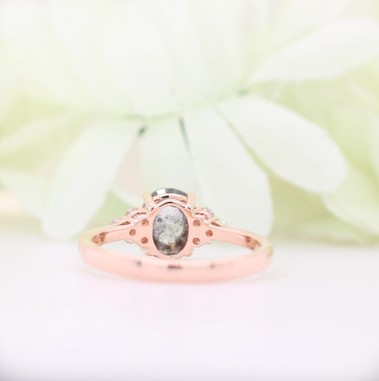 4 Prongs 14K Rose Gold Salt and Pepper Oval Diamond For Engagement Ring