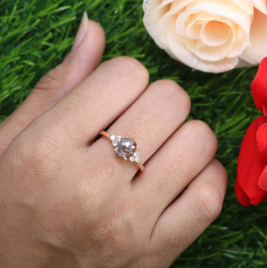 4 Prongs 14K Rose Gold Salt and Pepper Oval Diamond For Engagement Ring